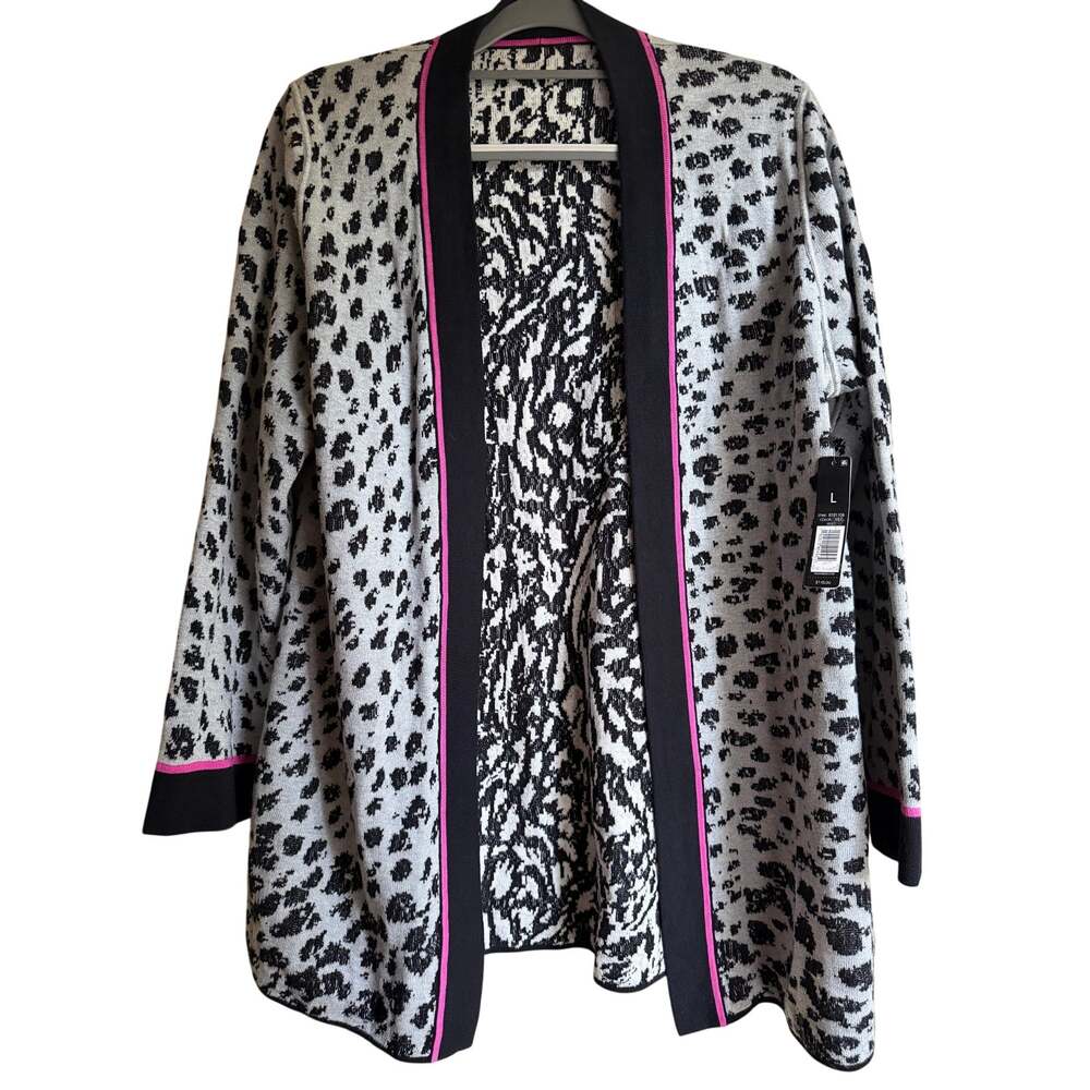 NWT NIC+ZOE Reversible Multitasker Animal Print Open Front Cardigan Gray Pink L